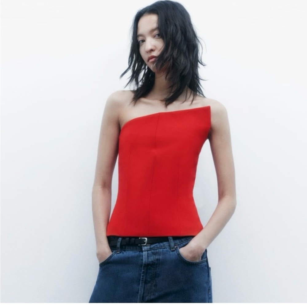 Zara Red Asymmetric One-Shoulder Top